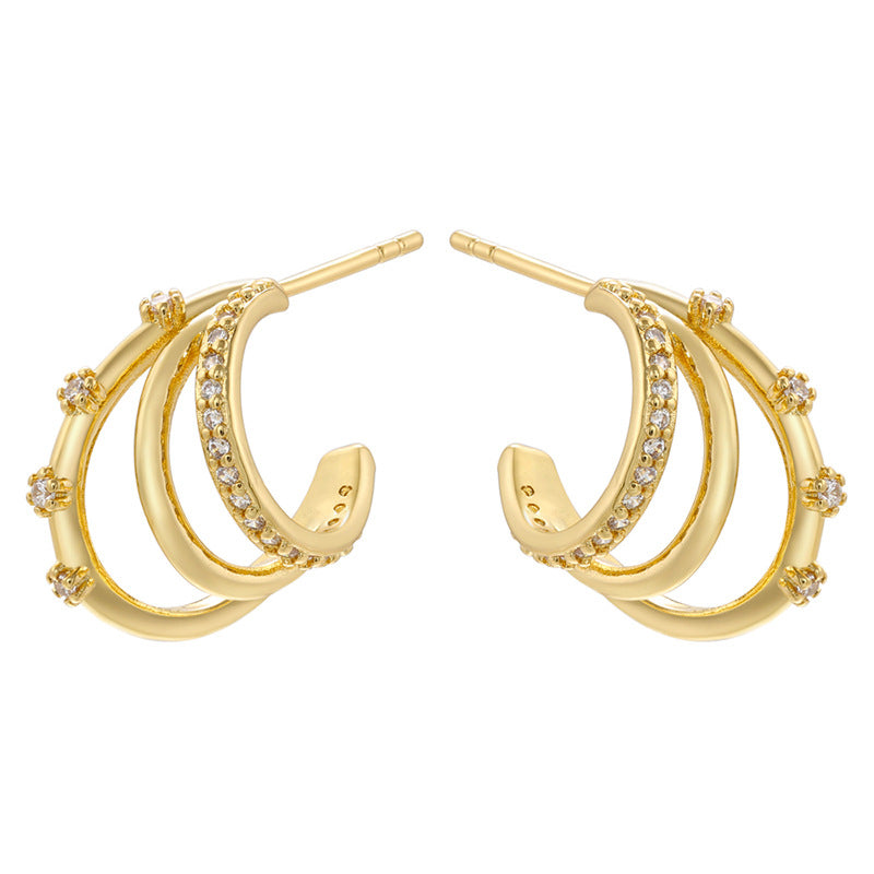 1 Pair Minimalist C Shape 18k Gold Plated Zircon Inlay Ear Studs