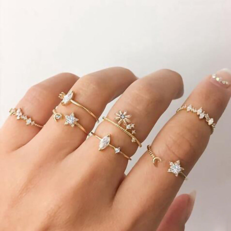 Fashion Triangle Heart & Butterfly Diamond Ring 5-Piece Set - Creative Retro Design