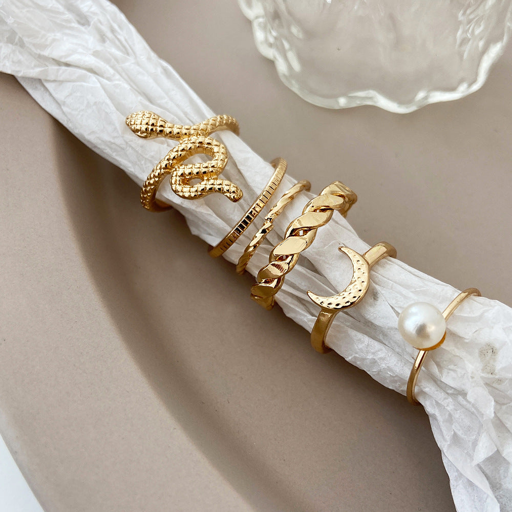 Fashion Snake Alloy Rhinestone & Moon Pearl Ring Set - 6 Pieces Women's Jewelry