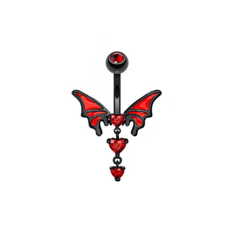 Heart Shape Bat Wings Belly Ring with Rhinestones and Zircon in Stainless Steel and Copper Plating