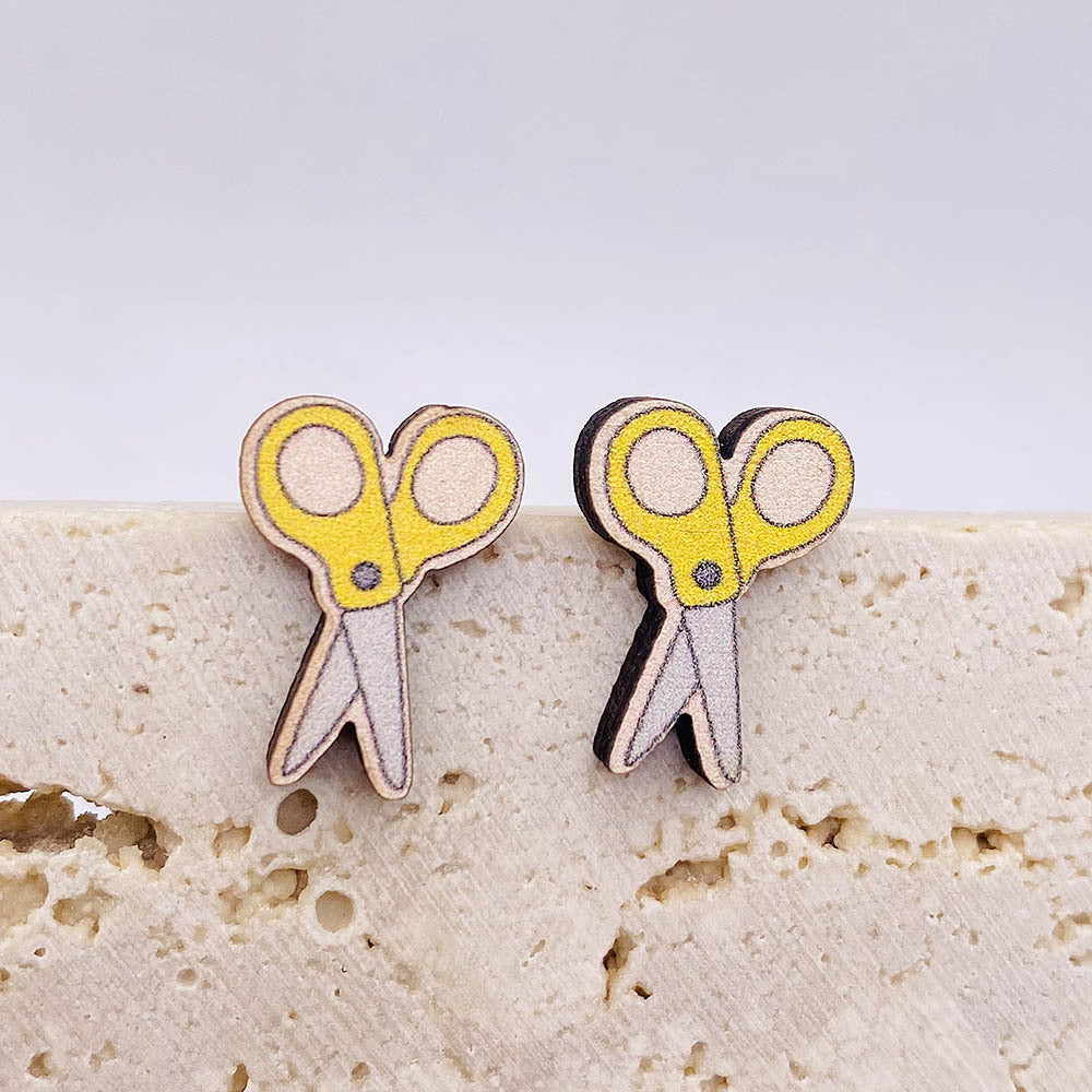 1 Pair Fashion Scissors and Pencil Wood Women's Ear Studs - Back to School Teacher's Collection