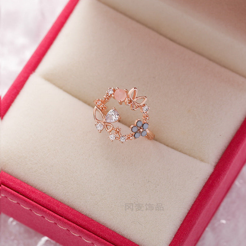 Korean Fashion Crystal Zircon Flower Adjustable Ring