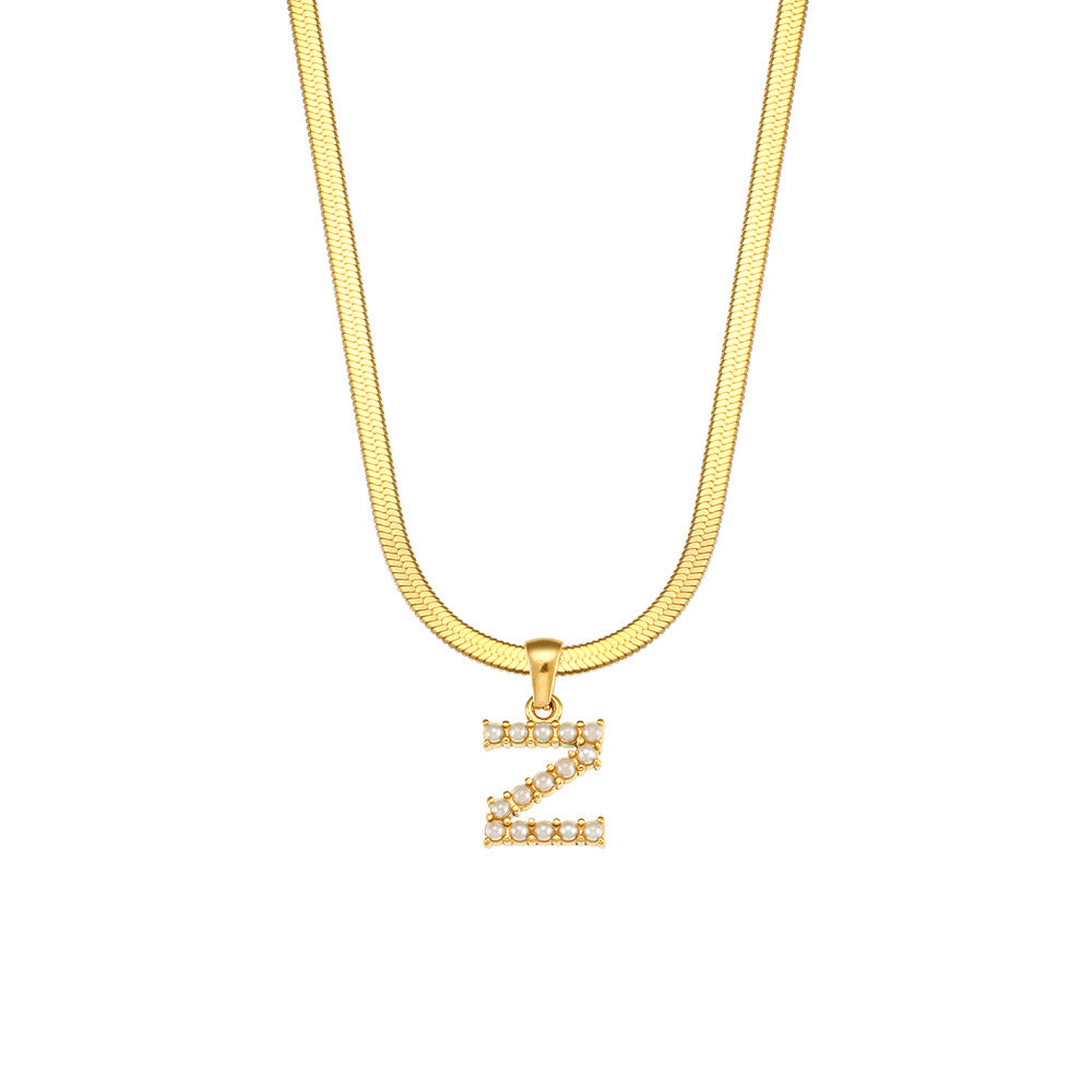 Elegant Letter Pendant Necklace with 18K Gold Plated Snake Chain and Artificial Pearls