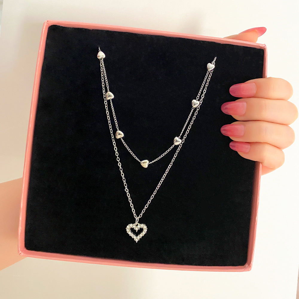 Unisex Geometric Rhinestone Heart Layered Necklace