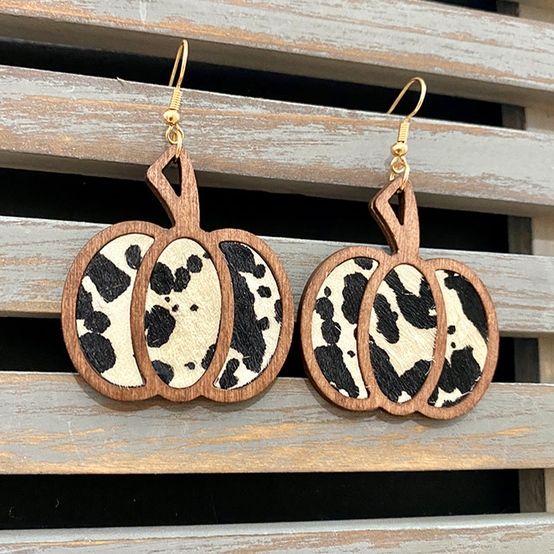 Retro Leopard Leather Pumpkin Drop Earrings for Halloween