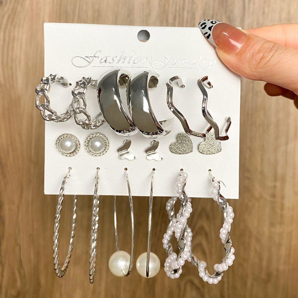 Creative Pearl Butterfly Hoop Earring Set - 9 Pairs