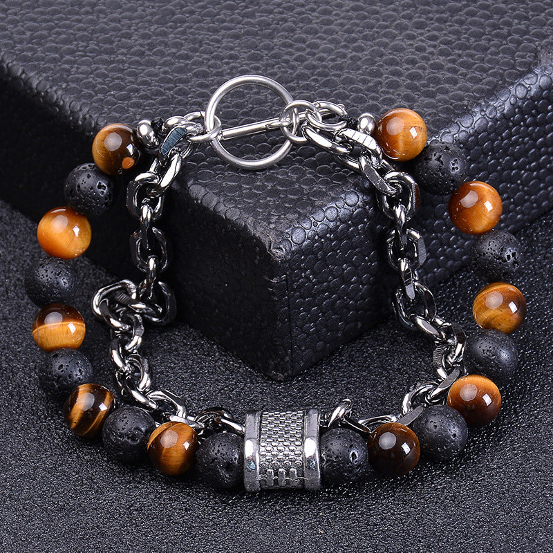 Geometric Natural Stone Lava Bead Stainless Steel Double Layer Bracelet
