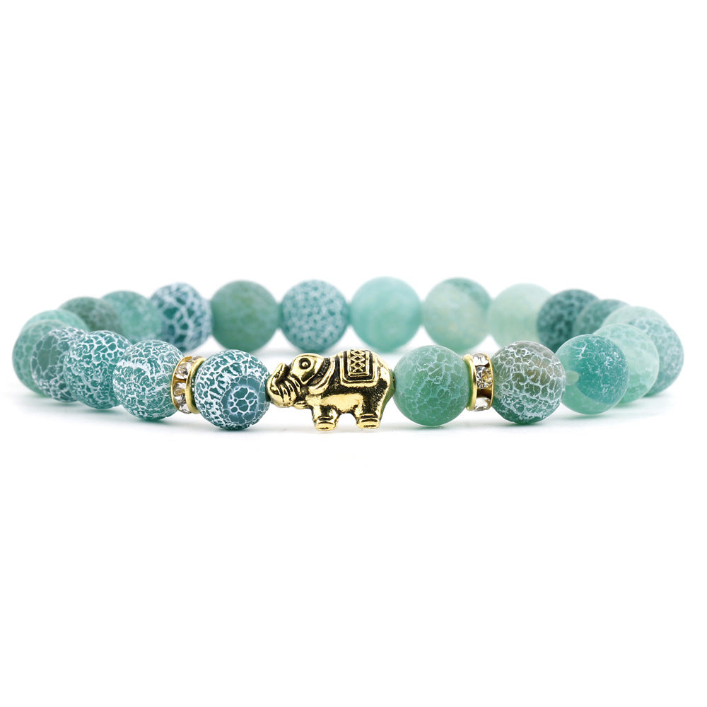 Retro Elephant Agate Beaded Bracelet with Frosted White Chalcedony Beads