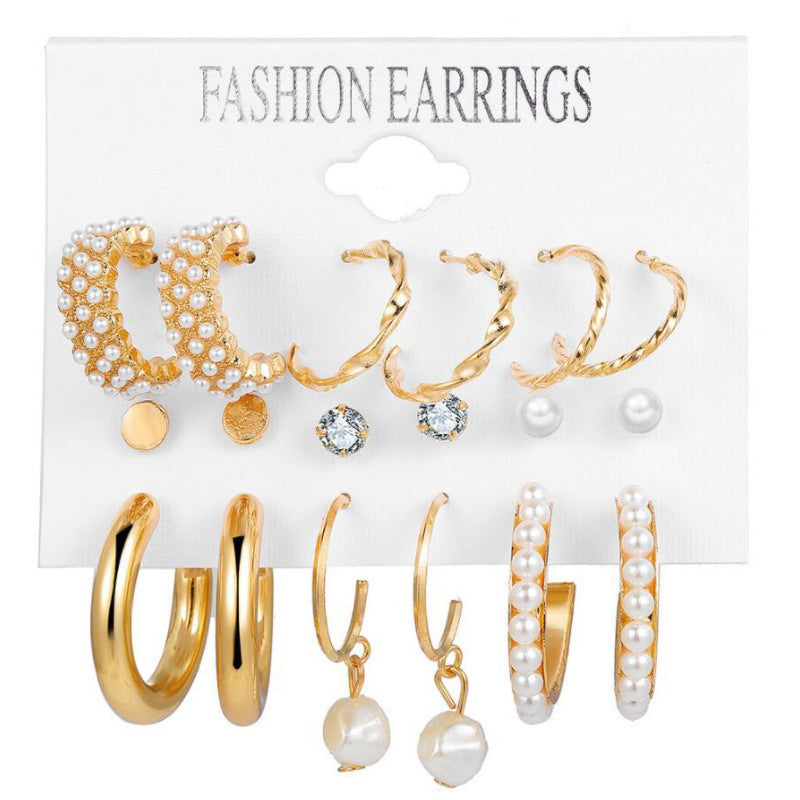 New Inlaid Pearl Gold Hoop Earring Set - 9 Pieces