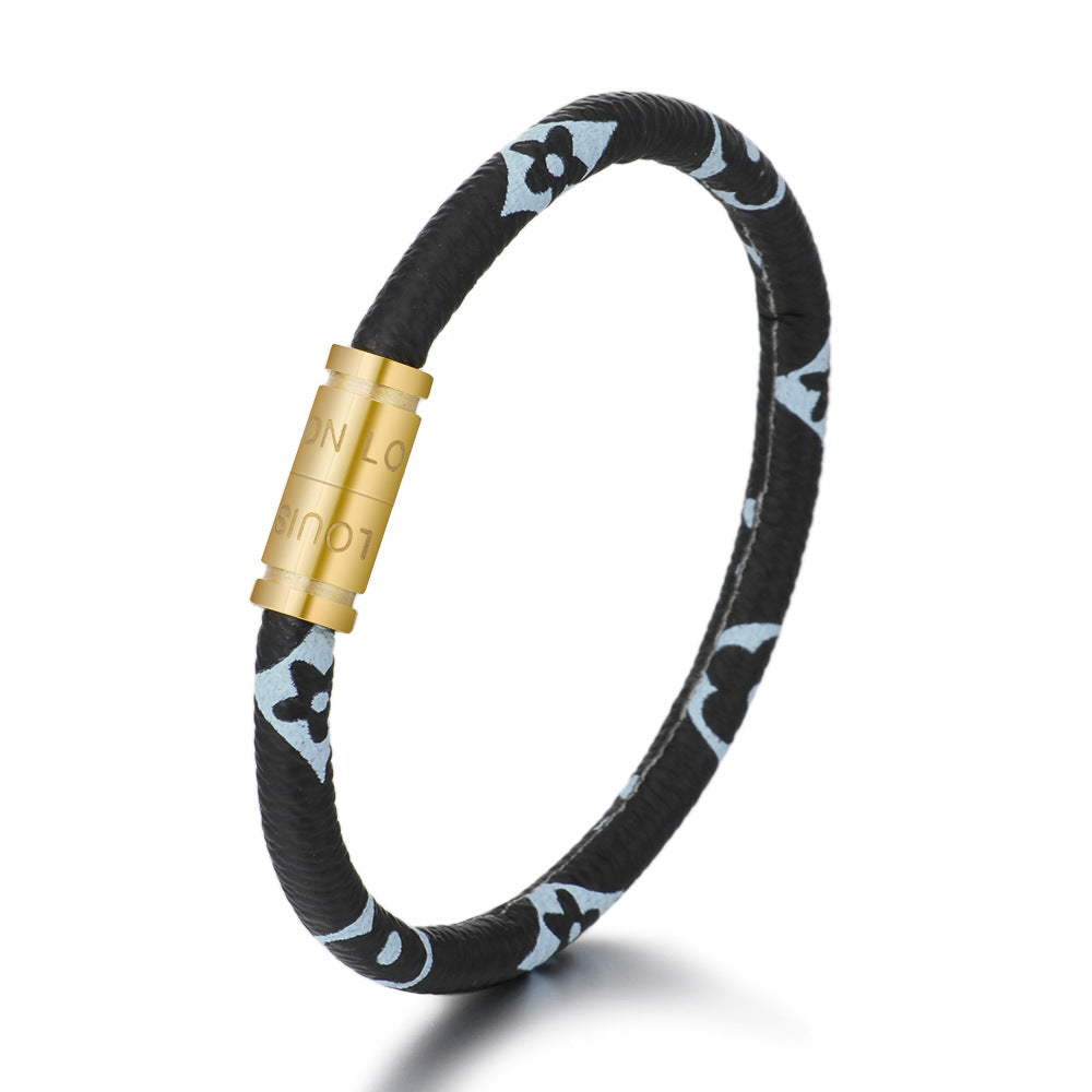 New Fashion Cowhide Striped Leather Bracelet with Stainless Steel Magnetic Clasp