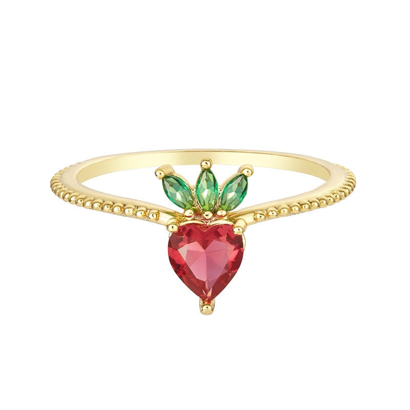 Colorful Zircon Cherry Peach Tropical Fruit Rings in Gold Plated Copper