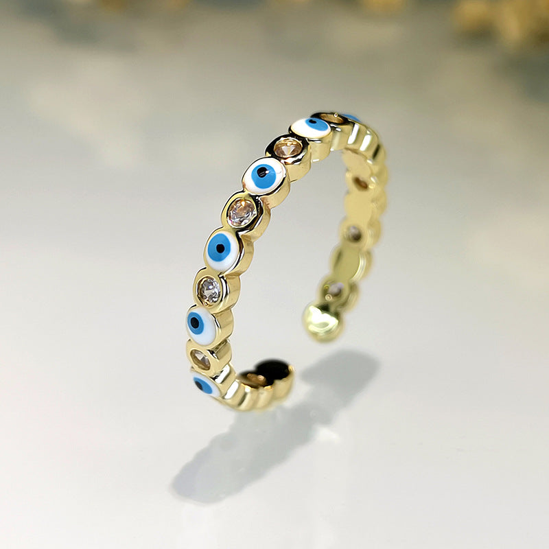 Fashion Jewelry Copper Ring with Micro-inlaid White Zircon and Enamel Evil Eye Design