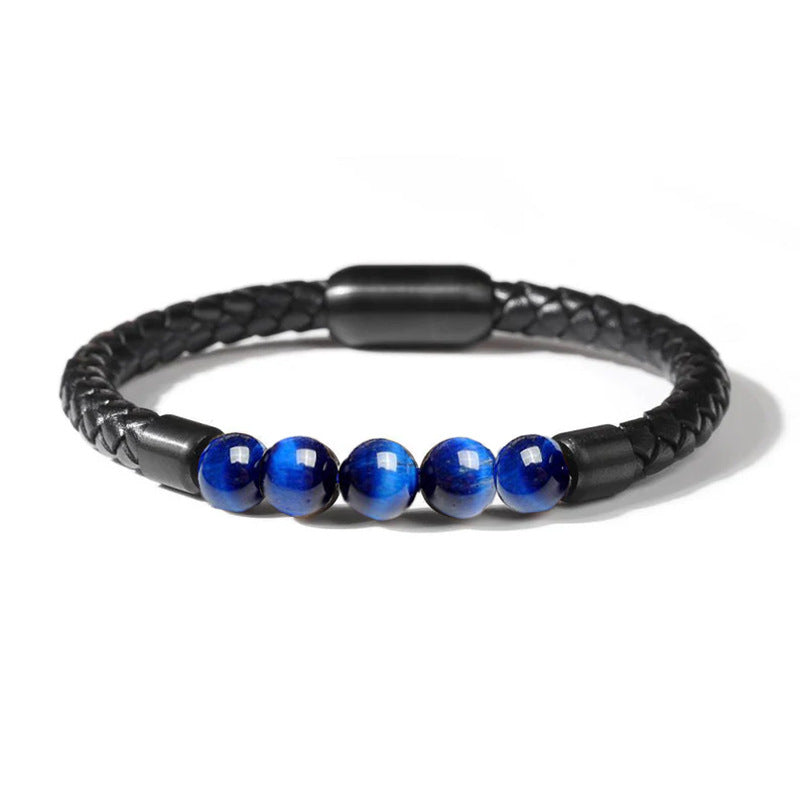 Fashion Circle PU Leather & 8mm Tiger Eye Stone Beaded Men's Bracelet with Magnetic Clasp