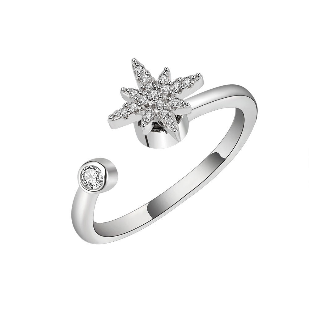 Geometric Sterling Silver Adjustable Spinner Ring with Zircon Clover Design