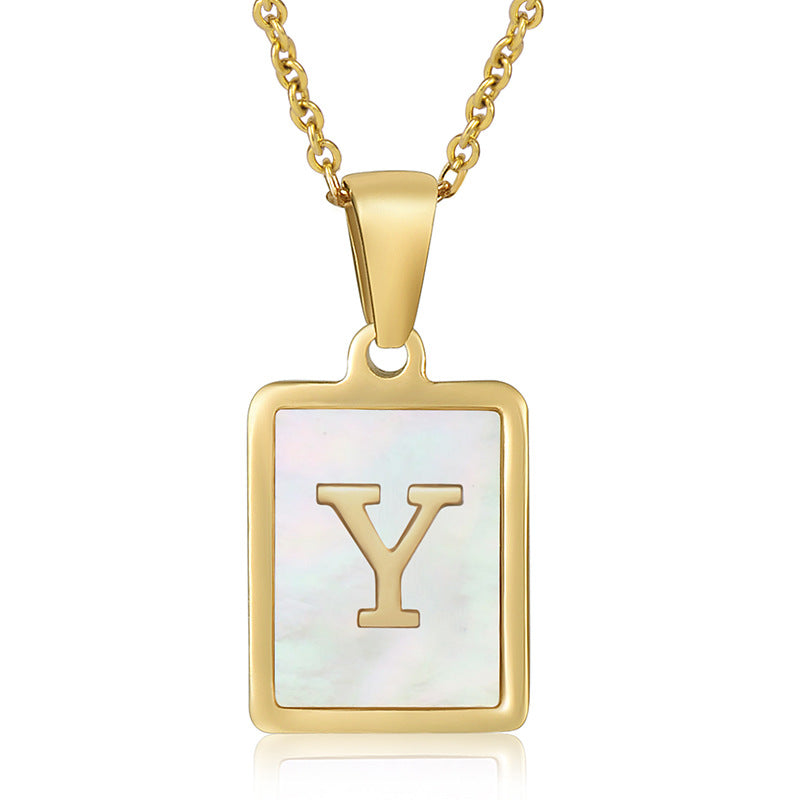 Stainless Steel Alphabet Pendant Necklace with Inlay Shell and 18K Gold Plating