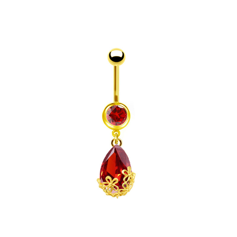 Sweet Pastoral Rose Flower Belly Ring with Colorful Water Droplets and Rhinestones in Stainless Steel and Gold Plated Finish