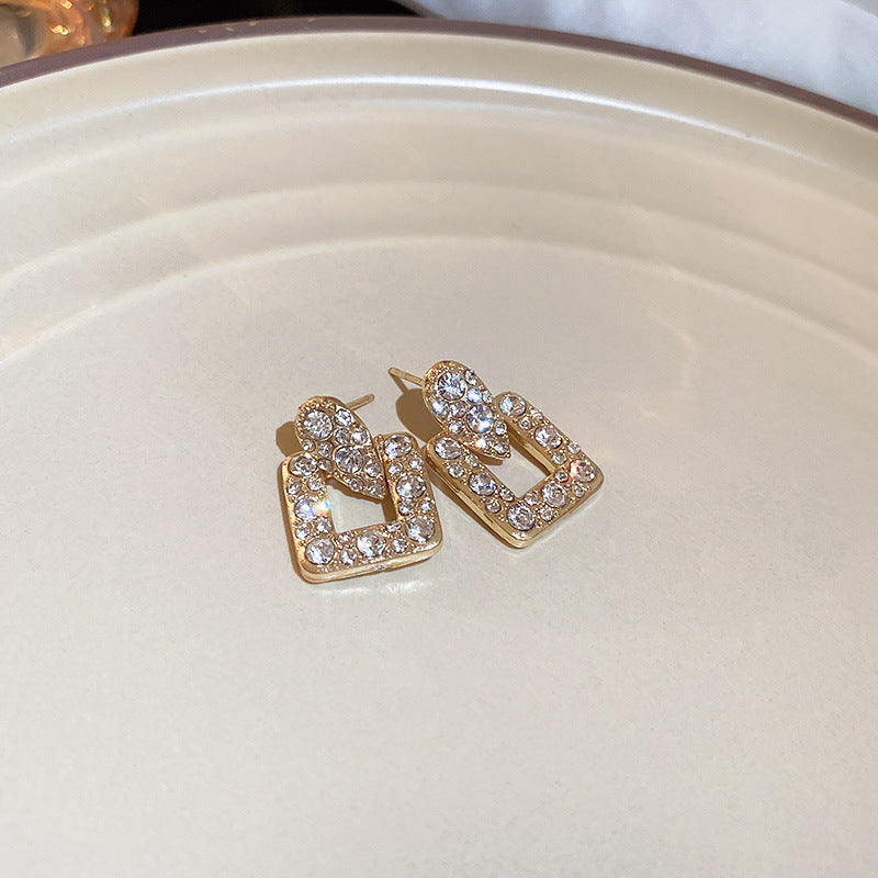 Korean Geometric Diamond Pearl Stud Earrings 925 Silver Needle