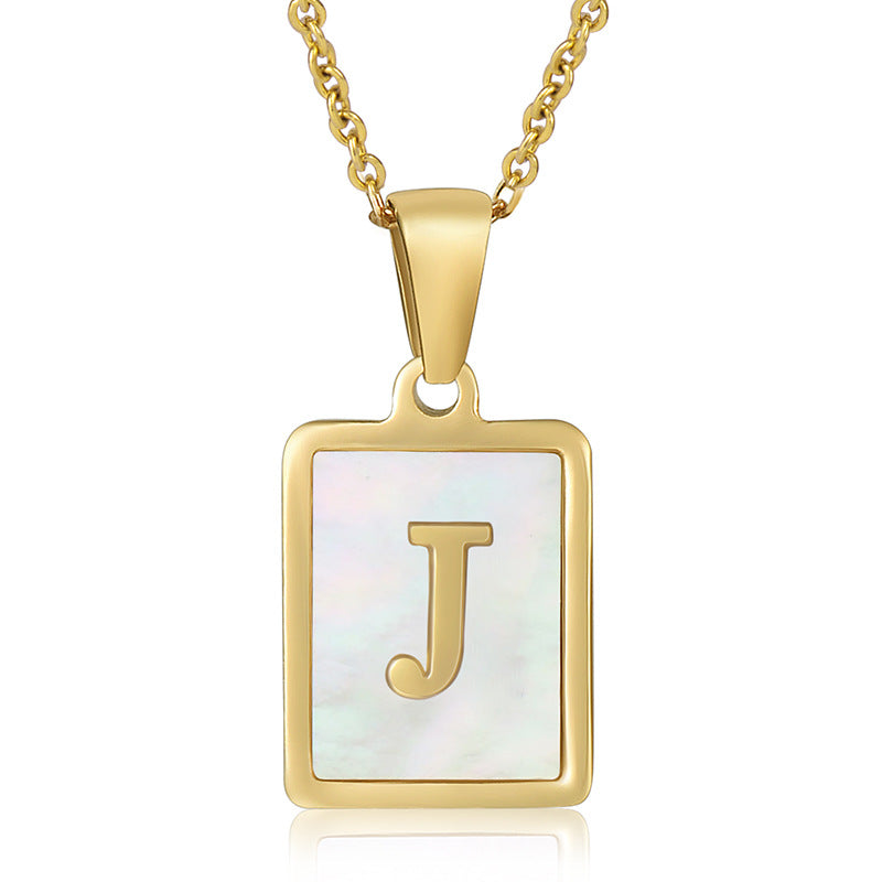 Stainless Steel Alphabet Pendant Necklace with Inlay Shell and 18K Gold Plating