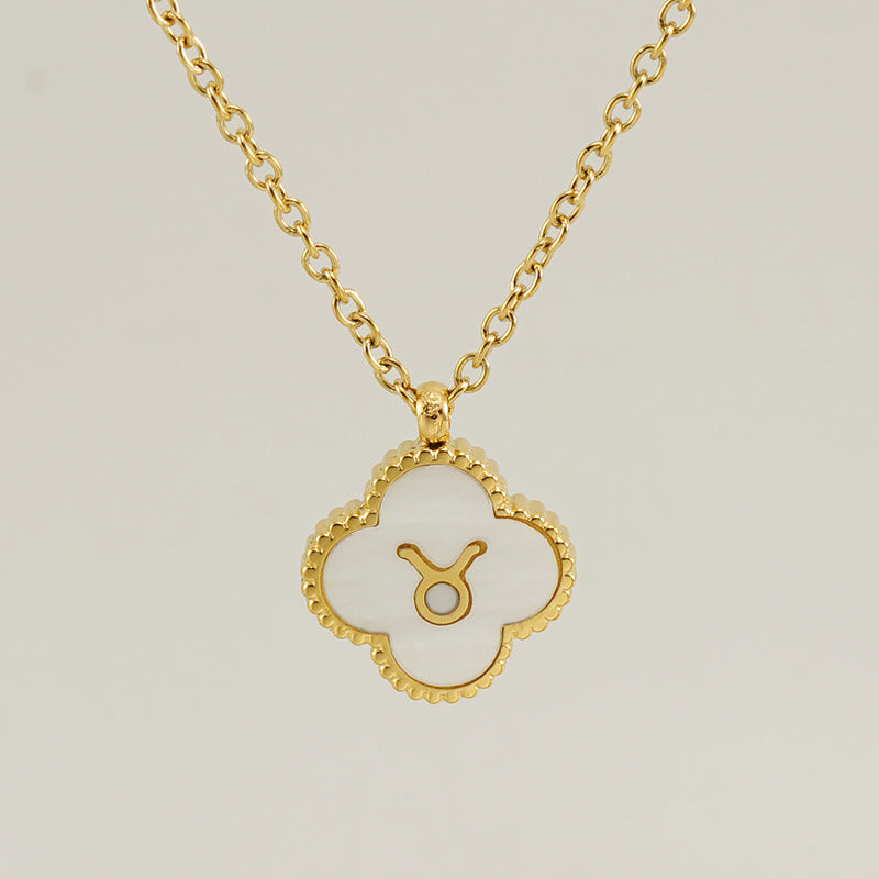 Fashion Clover Constellation Titanium Steel Pendant Necklace with Inlay Shell