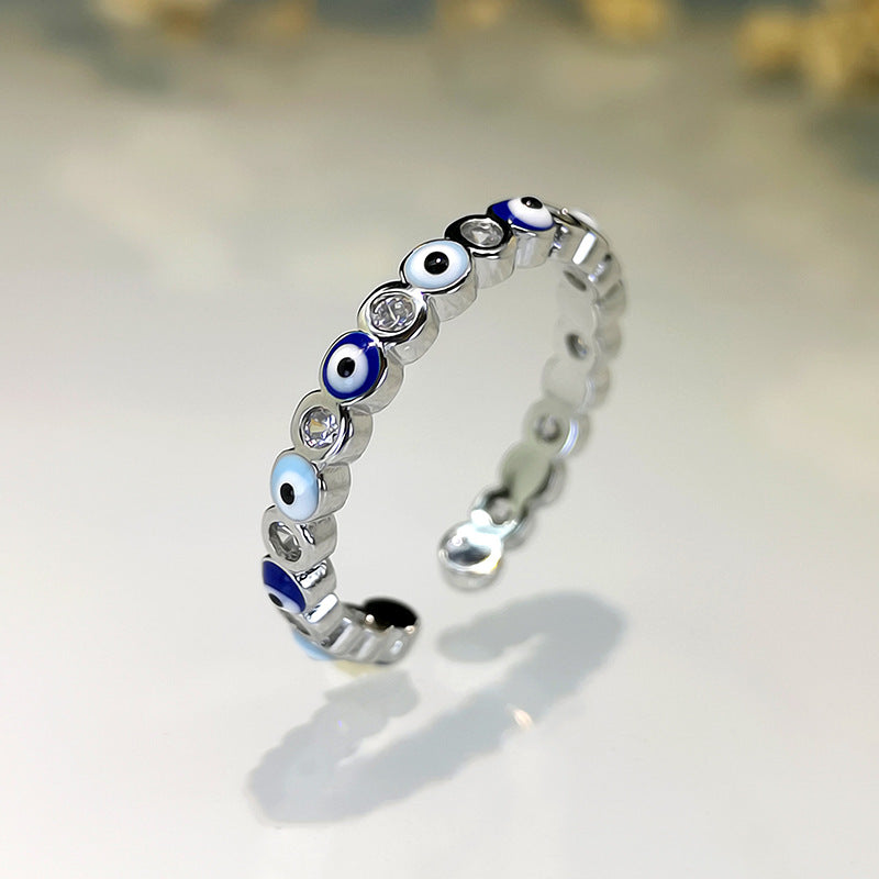 Fashion Jewelry Copper Ring with Micro-inlaid White Zircon and Enamel Evil Eye Design