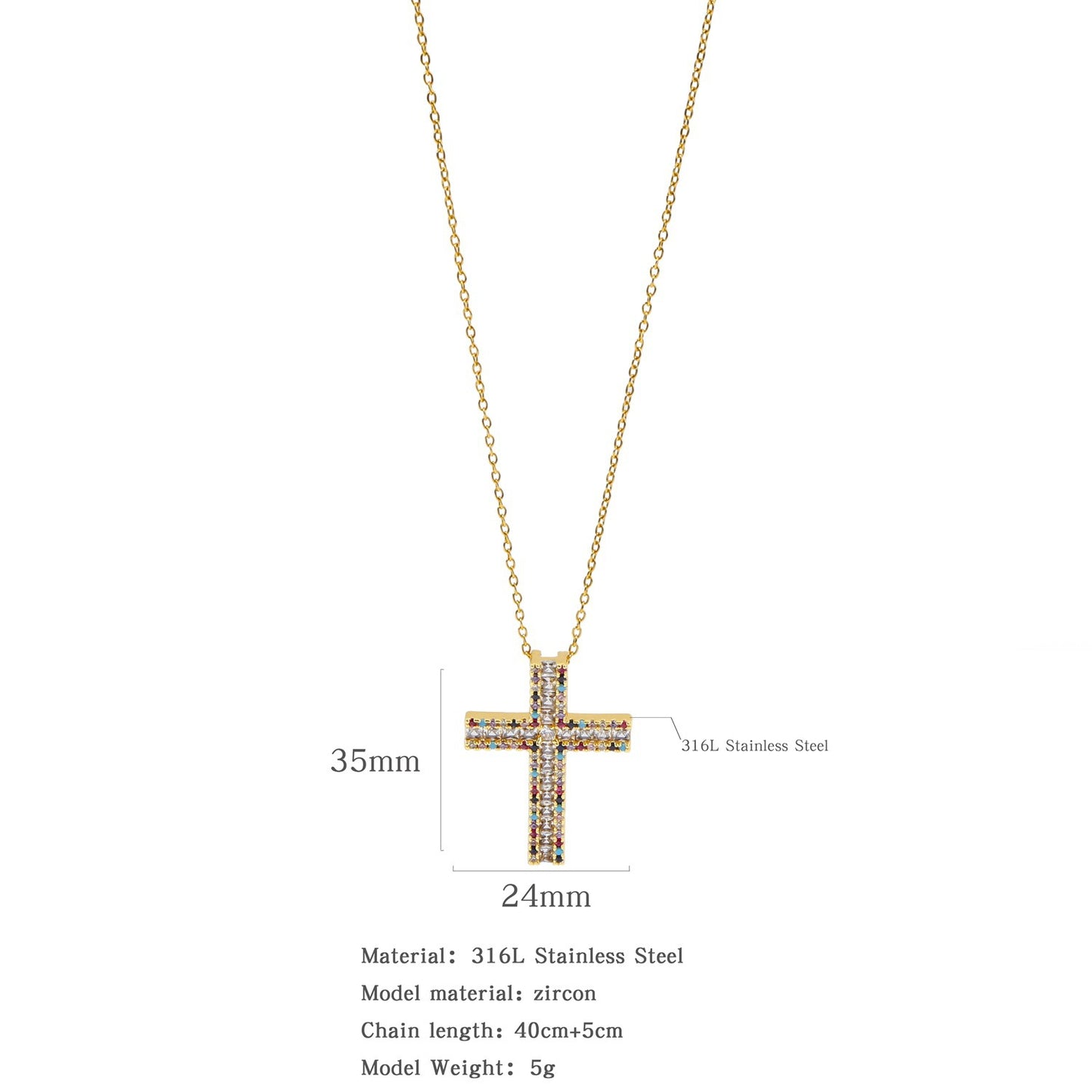 Glam Zircon Cross Pendant Necklace for Women in Copper Plated Stainless Steel