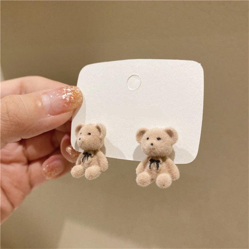 Cute Velvet Bow Bear Stud Earrings - Minimalist 925 Silver Needle Fashion Jewelry