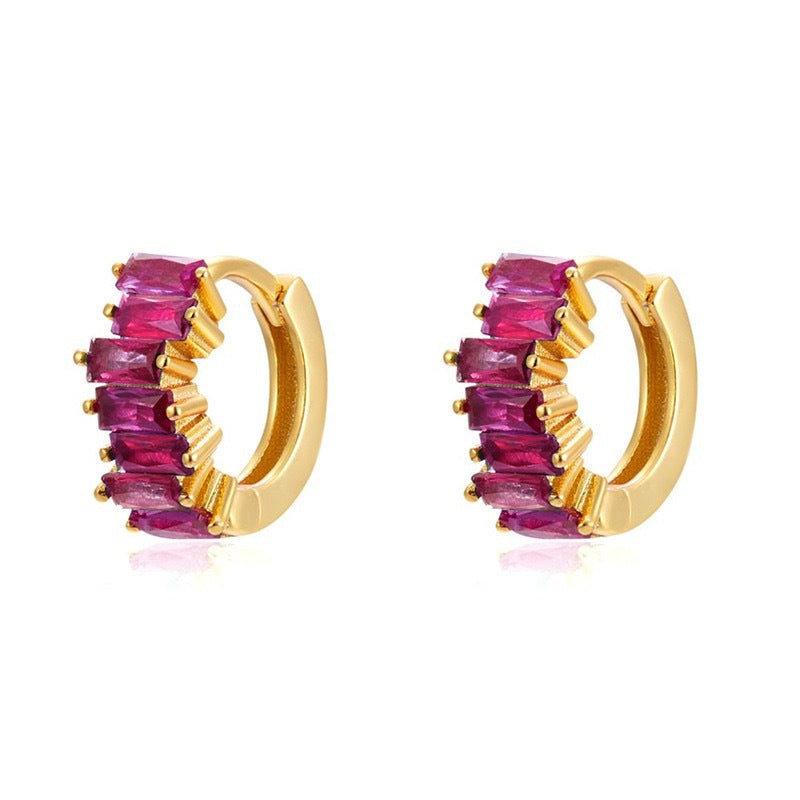 S925 Silver Needle Rectangular Zircon Stud Earrings with Colorful Zircon Hoop Design