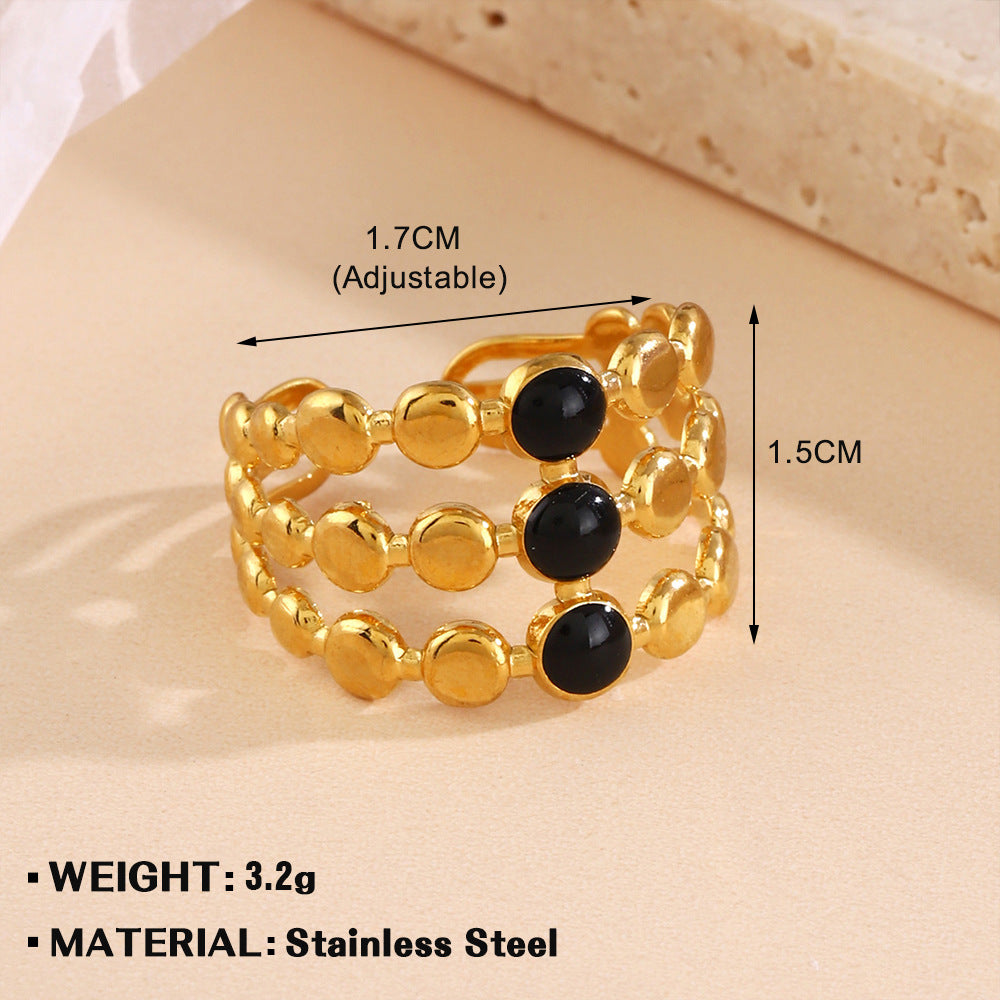 Geometric Cross Floral Black Enamel 18K Gold Plated Open Stainless Steel Ring