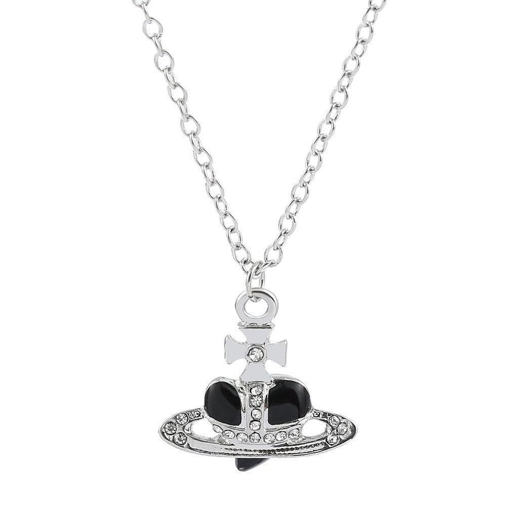 Heart Shape Alloy Pendant Necklace with Rhinestone Inlay and Glass Planet Charm