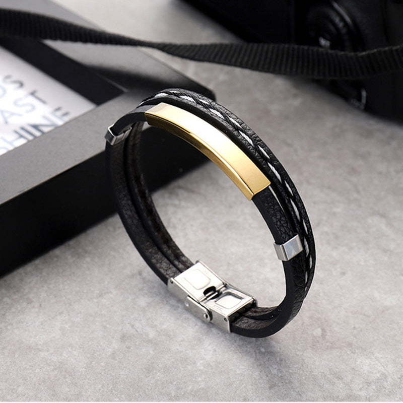Fashion Geometric Stainless Steel Leather Punk Bracelet