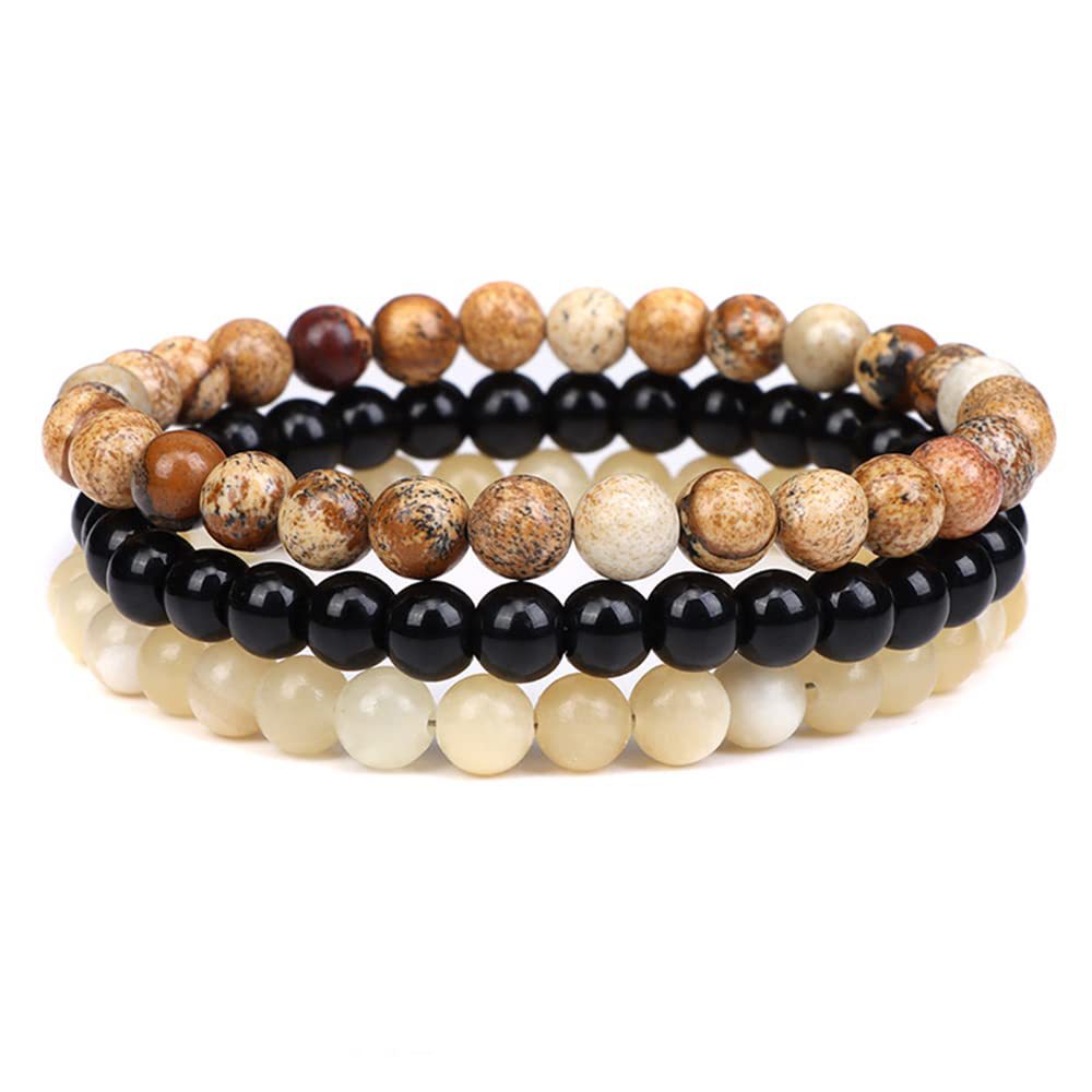 Fashion Round Natural Stone Beaded Bracelets Set of 3 for Couples Yoga Outdoor