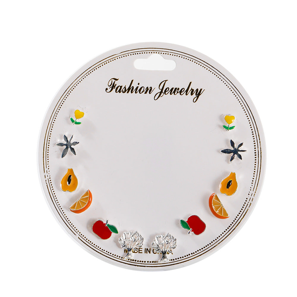 Korean Style Fruit Geometric Dripping Oil Earrings 6-Piece Set
