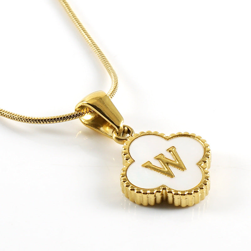 Clover Shell Letter Pendant Gold Plated Stainless Steel Snake Chain Necklace