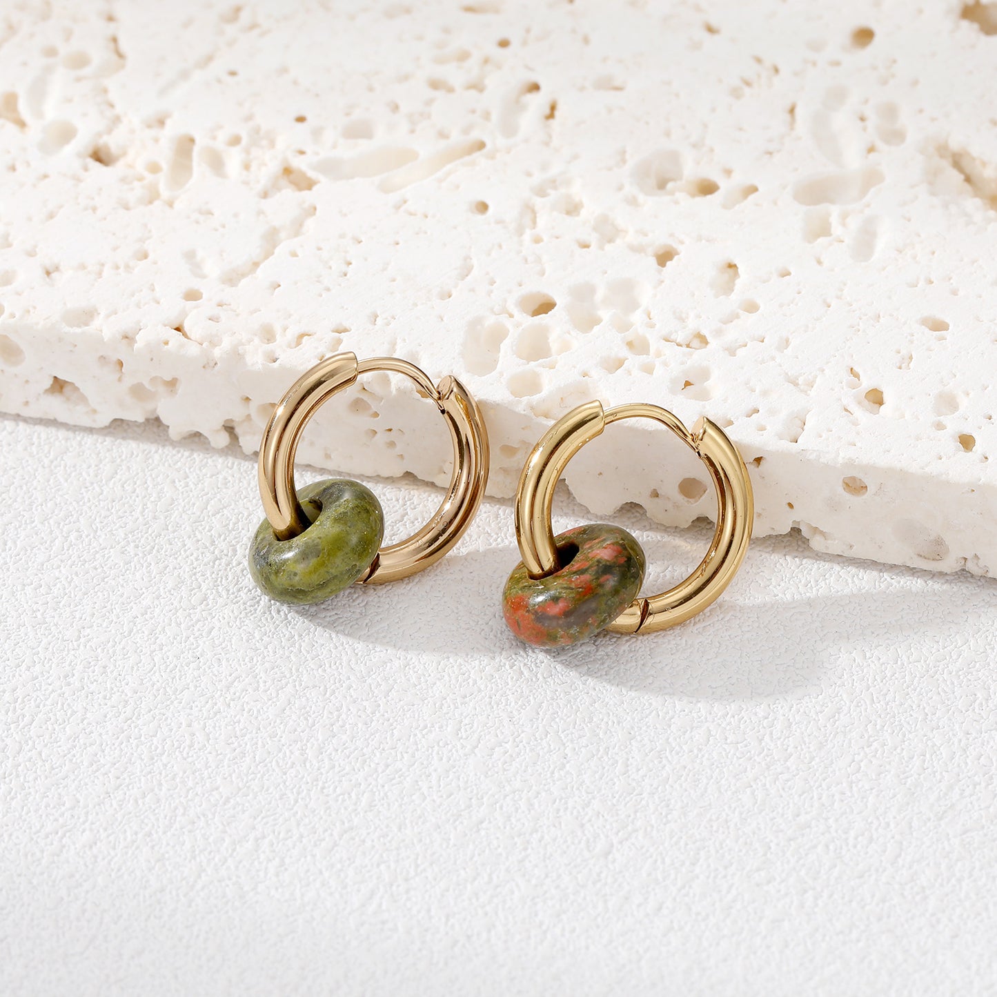 Fashion Vintage Textured Natural Stone Bead Stainless Steel Hoop Earrings