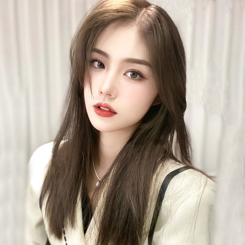 925 Silver Needle Color Diamond Heart Earrings & Natural Black Brown Long Wig with Bangs