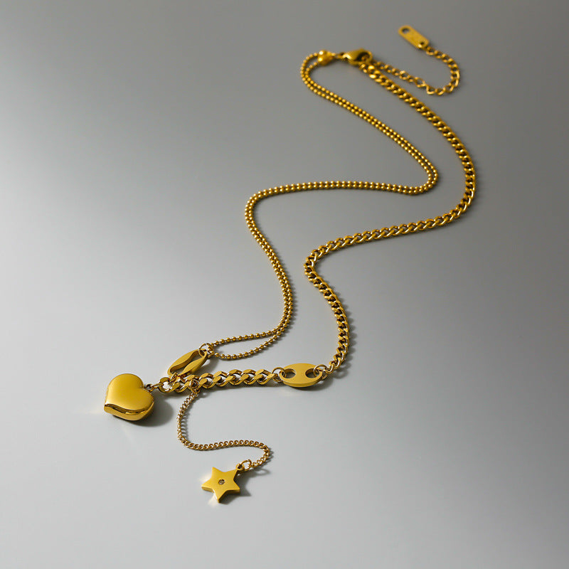 Vintage Heart Shape Gold Plated Stainless Steel Layered Necklace with Star Tassel Design