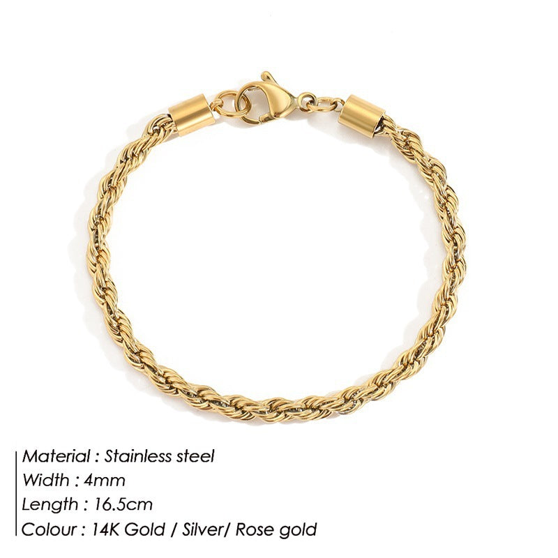 Stainless Steel Twist Chain Bracelet - 4mm Gold Hip Hop Punk Style Fashion Jewelry