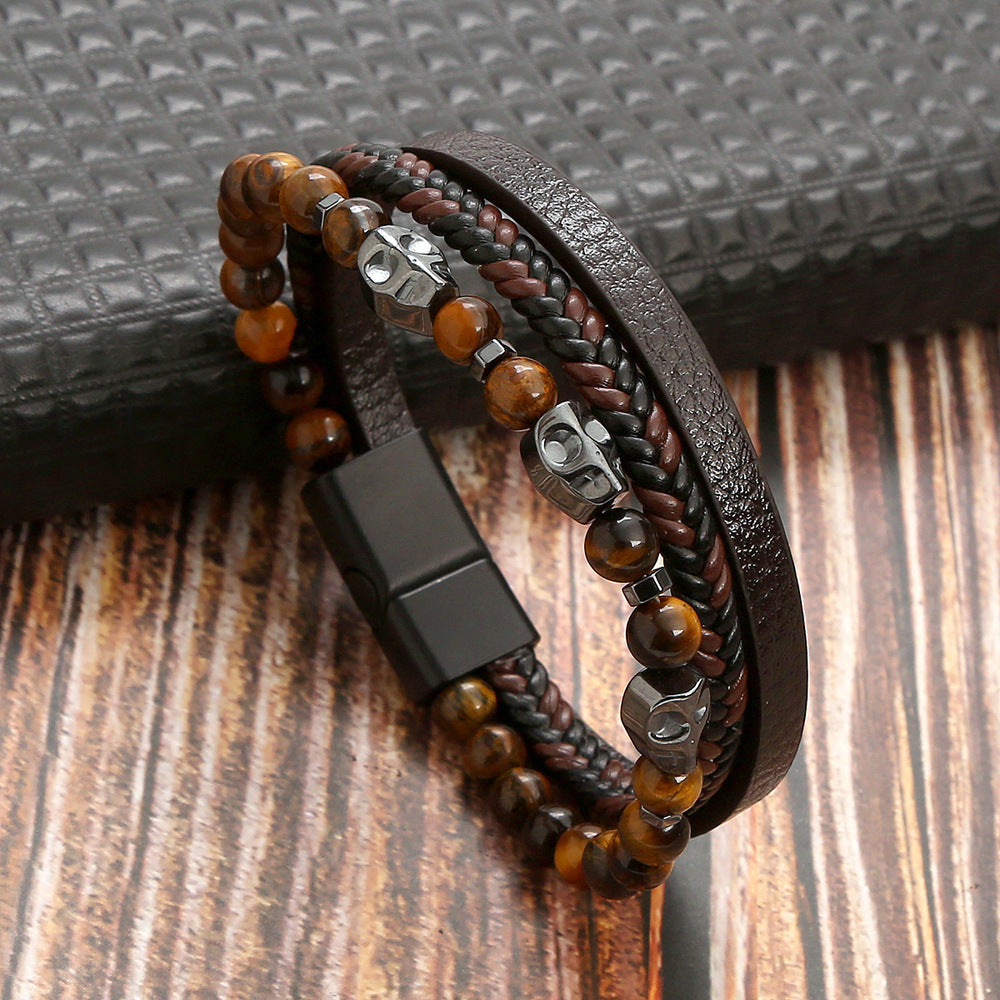 Retro Round Stainless Steel Natural Stone Skull Beaded Men's Bracelet with Volcanic Rock Magnetic Clasp