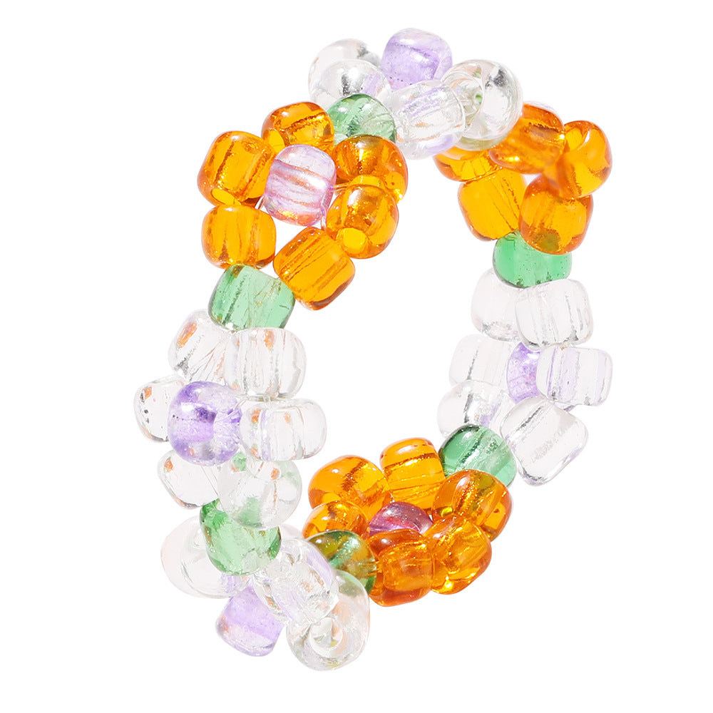 Simple Crystal Bead Elastic Woven Flower Ring in Candy Colors