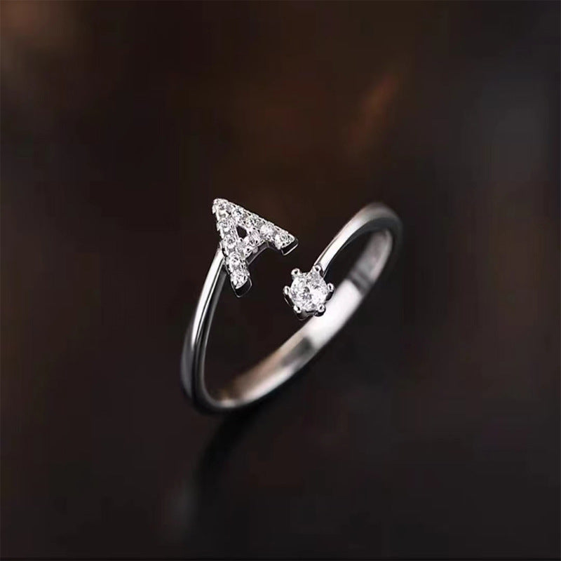 26 English Letters Zircon Sterling Silver S925 Adjustable Ring Jewelry