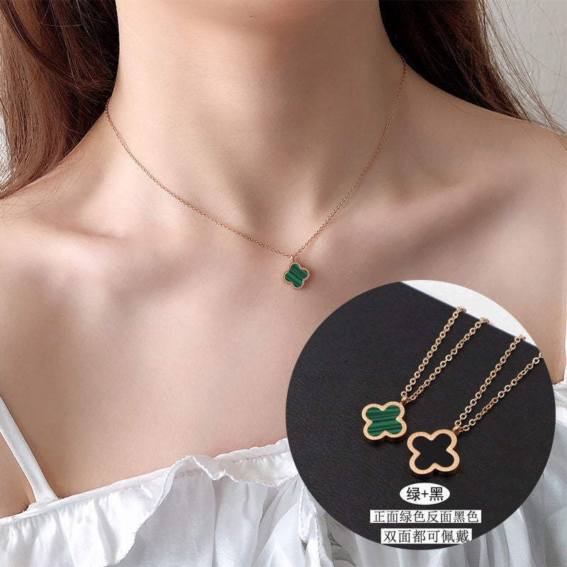 Fashion Titanium Steel Clover & Gourd Pendant Necklace with Shell Inlay and Tassel Design