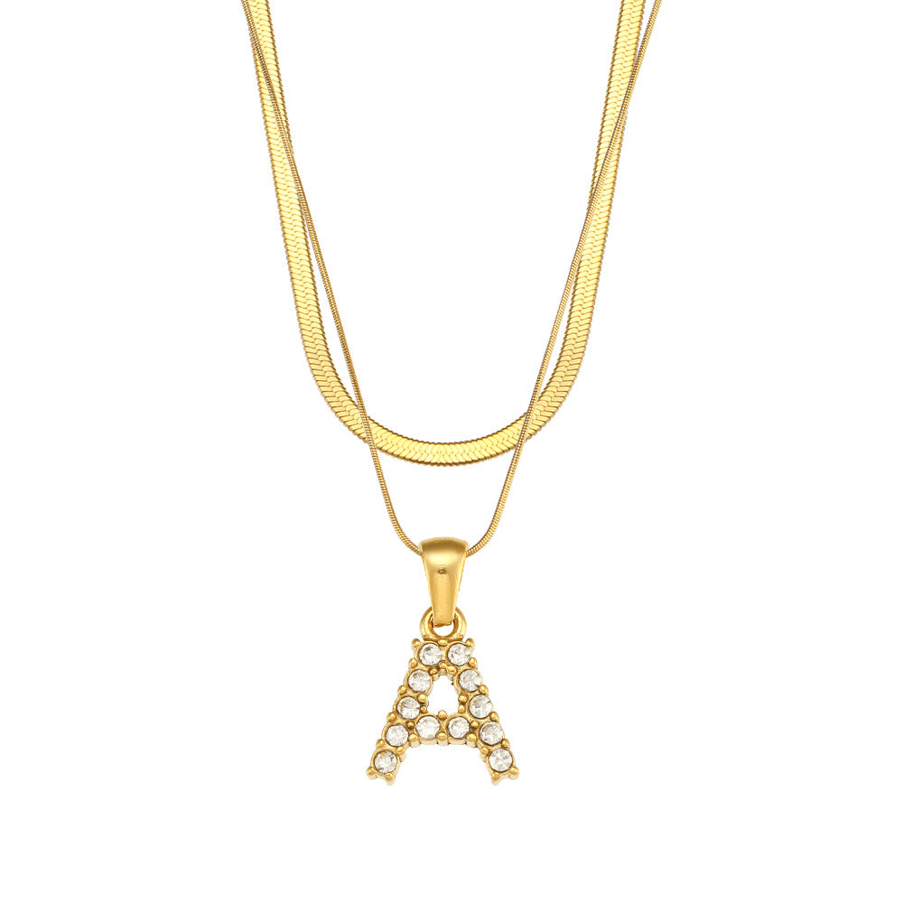 18K Gold Plated Double-Layer Zircon Letter Stainless Steel Necklace