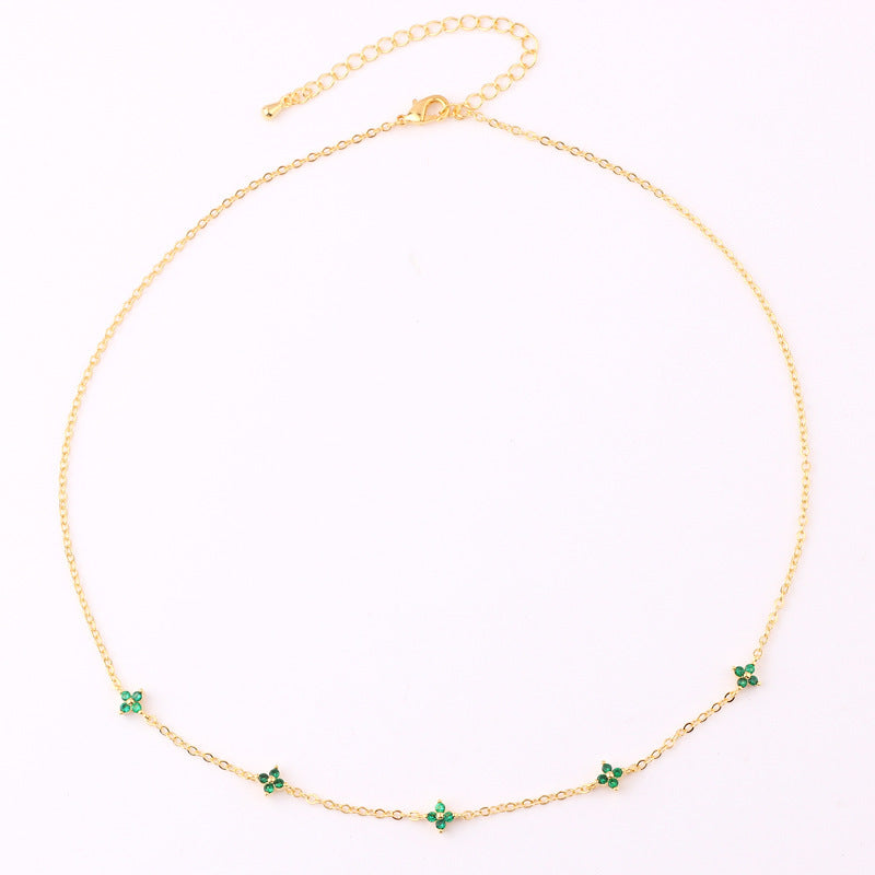 Korean Blue and Green Floral Pendant Necklace - Copper Plated Gold Jewelry