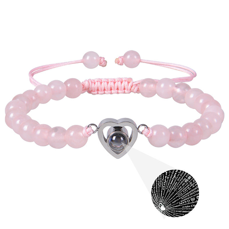 Romantic Heart Shape Natural Stone Projection Bracelets with Pink Crystal Beads