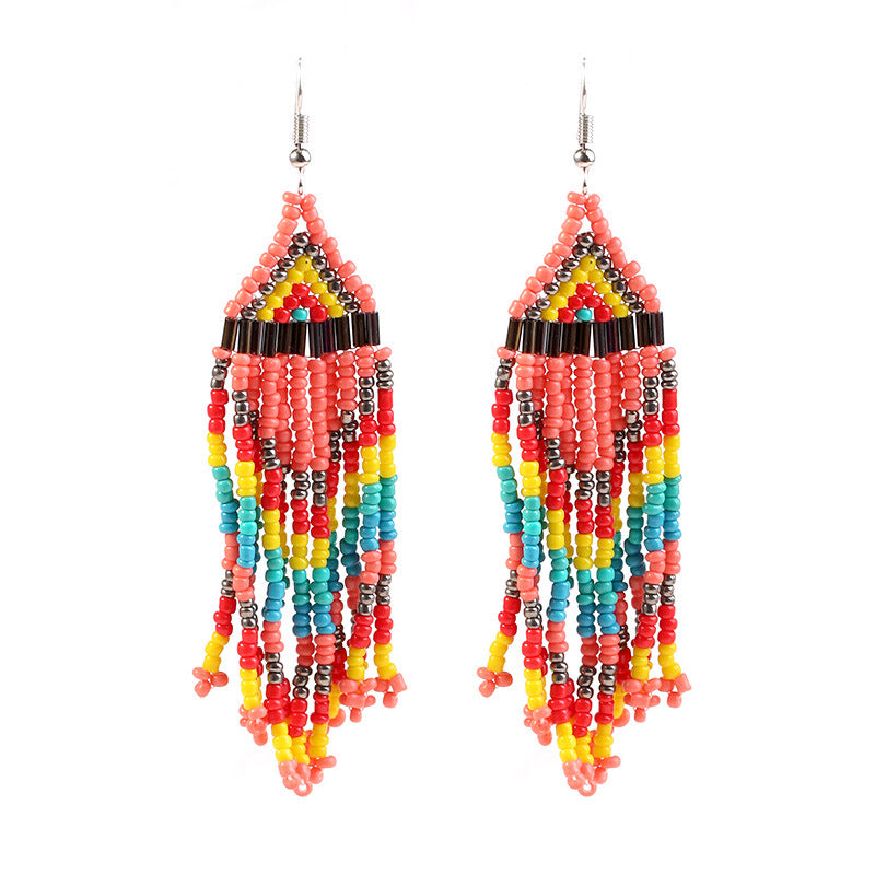 Fashion Multi-layer Rice Bead Vintage Long Tassel Earrings
