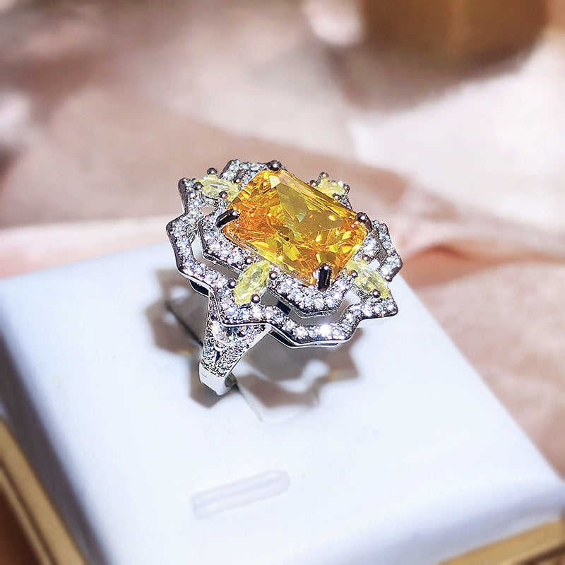 Elegant Luxurious Square Brass Inlay High Carbon Diamond Adjustable Ring