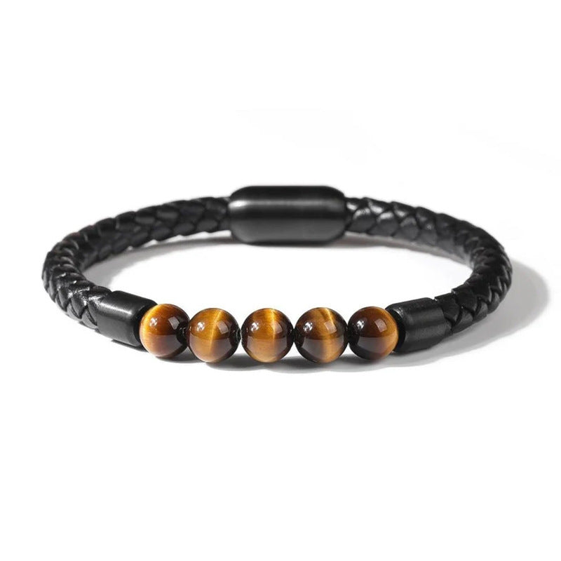 Fashion Circle PU Leather & 8mm Tiger Eye Stone Beaded Men's Bracelet with Magnetic Clasp