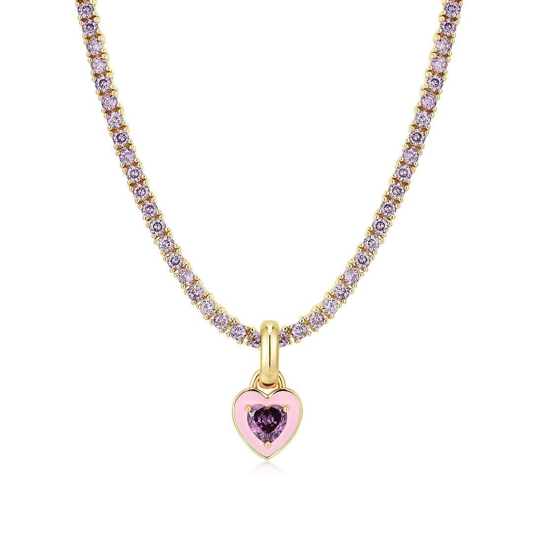 18K Gold Plated Geometric Heart Zircon Pendant Necklace with Colorful Tennis Chain