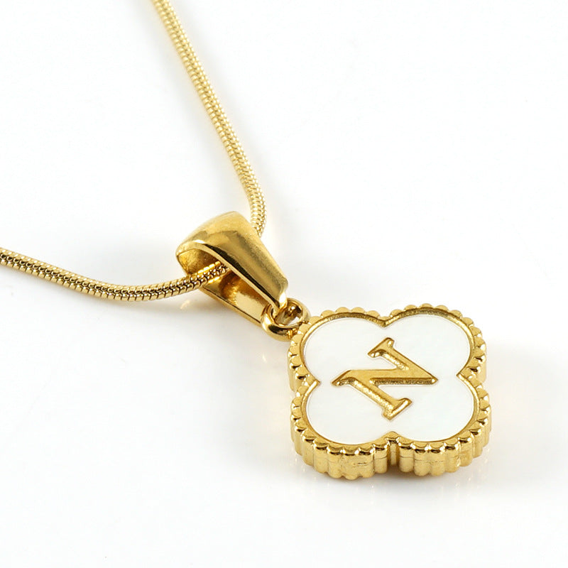 Clover Shell Letter Pendant Gold Plated Stainless Steel Snake Chain Necklace