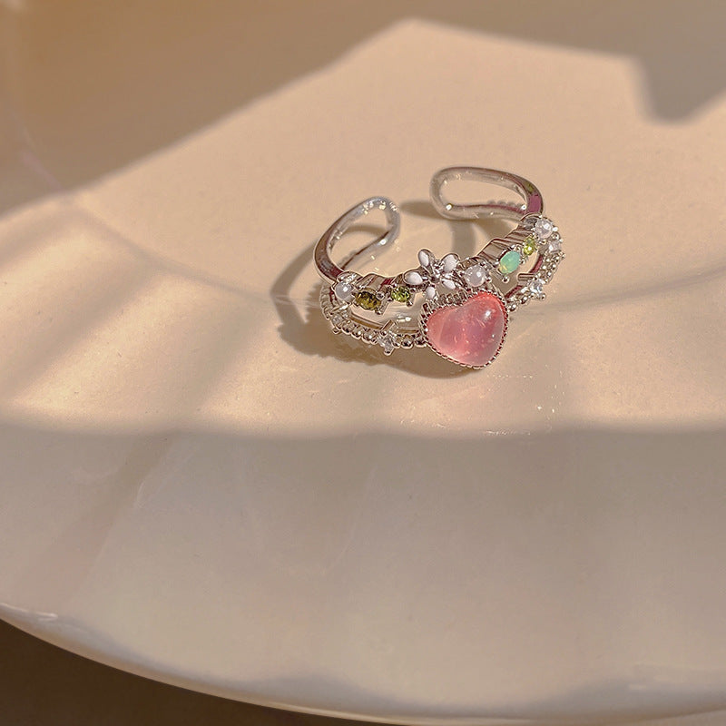Heart Shape Flower Zircon Crystal Open Ring